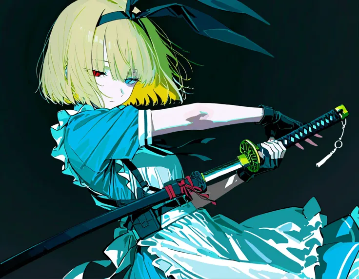 1girl, solo, standing, from side, newest, highres, highly detailed, best quality, masterpiece, stylish pose,
(weapon, katana, holding sheathed katana:1.5, perfect katana), (light blue maid dress), white frill, white maid apron, black fingerless gloves, sho...