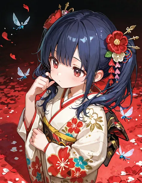 cute, 748cmstyle,8K, fantasy, highly detailed, from above, (Masterpiece, side light, thin and beautiful eyes:1.2), beautiful eyes, detailed eyes, an anime-style image, A cute girl with striking dark brown eyes and long dark blue hair with twin tails, (wearing a white and red Furisode Kimono:1.2), hair ornament, floral print, wide sleeves, She is surrounded by a dense, swirling flurry of colorful flower petals, (A little fairy flies by her face:1.2), (There are lots of cute little fairies flying around), The petals glow softly, and the background is a soft, blurred natural setting,