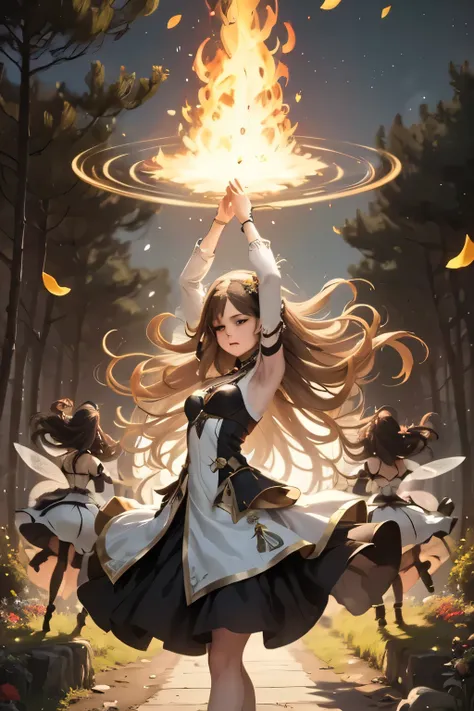 Elemental Magic Lesson Four fairies float in a circle, each surrounded by a different aura: dancing flames, waves of light, petals moving in the wind, and sparks of air.