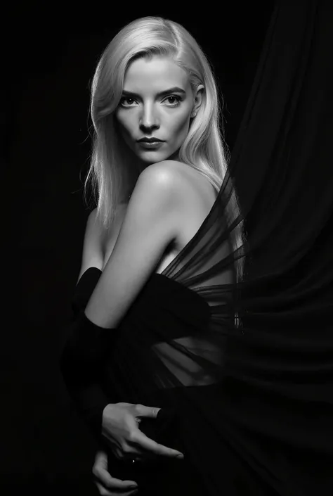 In this striking black and white photograph, a woman is captured with graceful movement and elegant poise. Her long, blonde hair cascades down her back, contrasting beautifully against the dark backdrop and adding dynamic texture to the image. She is parti...