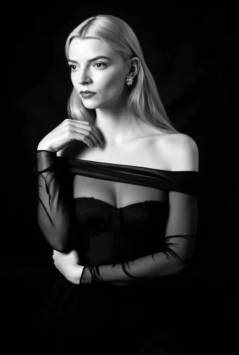 In this striking black and white photograph, a woman is captured with graceful movement and elegant poise. Her long, blonde hair cascades down her back, contrasting beautifully against the dark backdrop and adding dynamic texture to the image. She is parti...