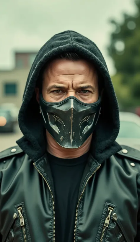Ben AFFLECK as Noob Saibot from Mortal Kombat with his black metal mask, close up around the waist up hyperdetailed textures the hyper realistic background of a building with cars and trees and an air of green wall on the pictured Noob background with text...
