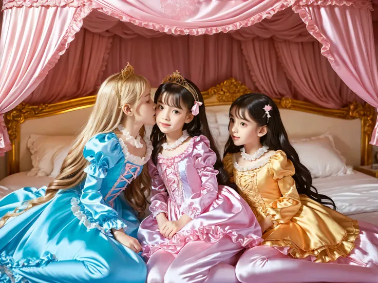Two Princesses sky blue Silk Satin Victorian Ball Gown Dress. ((Ten years old)),((european little girls:1.2)),((kissing,face to face)),cute face, Cute smile, short body height,long sleeves,puff sleeves,frilled sleeves,(((Frilled yoke collar that completely...