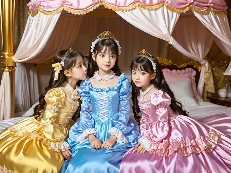 Two Princesses sky blue Silk Satin Victorian Ball Gown Dress. ((Ten years old)),((european little girls:1.2)),((kissing,face to face)),cute face, Cute smile, short body height,long sleeves,puff sleeves,frilled sleeves,(((Frilled yoke collar that completely...