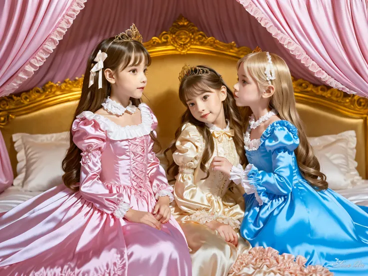 Two Princesses sky blue Silk Satin Victorian Ball Gown Dress. ((Ten years old)),((european little girls:1.2)),((kissing,face to face)),cute face, Cute smile, short body height,long sleeves,puff sleeves,frilled sleeves,(((Frilled yoke collar that completely...