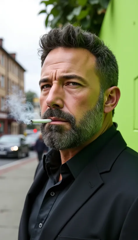 Ben AFFLECK com smoking preta, close up around the waist up hyperdetailed textures the hyper realistic background of a building with cars and trees and an air of green wall on the pictured Noob background with textures in 8k in neon