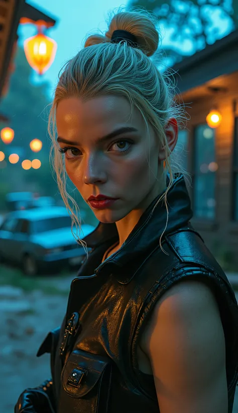 Anya Taylor Joy like Cassie Cage from Mortal Kombat her eyes shining with her military clothing, close up the waist up hyper-detailed textures the hyper realistic background of a wooden building with cars and trees and a pond with 8K neon blue and green te...