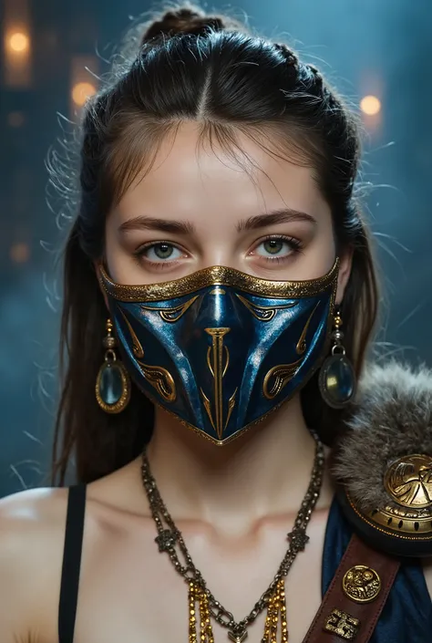 Here is a detailed prompt to generate an image ** Super realista** como ****, em um estilo **viking**, focus **apenas no rosto**, with a very detailed and shiny metallic blue and gold mask, and an impactful historical:
---
**"Hyper-realistic close-...