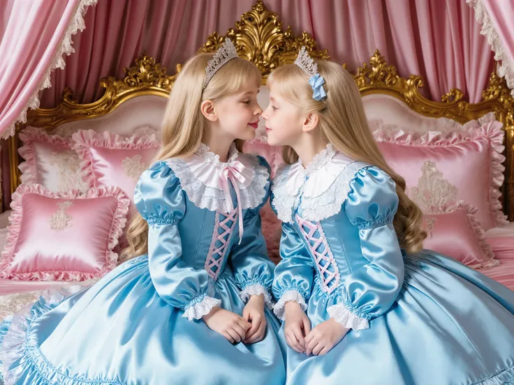 Two Princesses sky blue Silk Satin Victorian Ball Gown Dress. ((Ten years old)),((european little girls:1.2)),((kissing,face to face)),cute face, Cute smile, short body height,long sleeves,puff sleeves,frilled sleeves,(((Frilled yoke collar that completely...