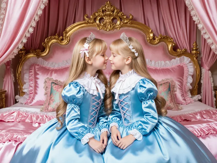 Two Princesses sky blue Silk Satin Victorian Ball Gown Dress. ((Ten years old)),((european little girls:1.2)),((kissing,face to face)),cute face, Cute smile, short body height,long sleeves,puff sleeves,frilled sleeves,(((Frilled yoke collar that completely...