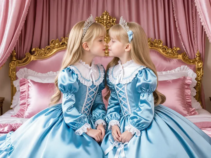 Two Princesses sky blue Silk Satin Victorian Ball Gown Dress. ((Ten years old)),((european little girls:1.2)),((kissing,face to face)),cute face, Cute smile, short body height,long sleeves,puff sleeves,frilled sleeves,(((Frilled yoke collar that completely...