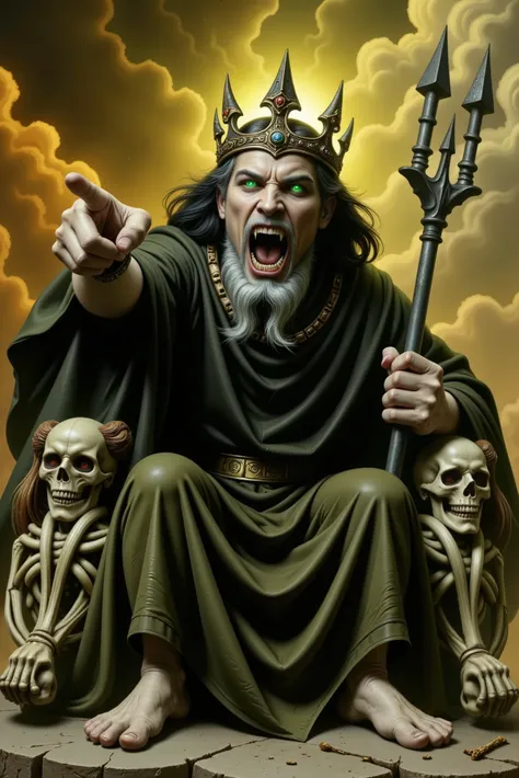 A somber and majestic depiction of Hades, the god of the underworld, seated on a throne made entirely of human skulls. His face is gaunt and skeletal, resembling a skull, with eyes emanating an intense green flame. He has long, straight black hair that fal...