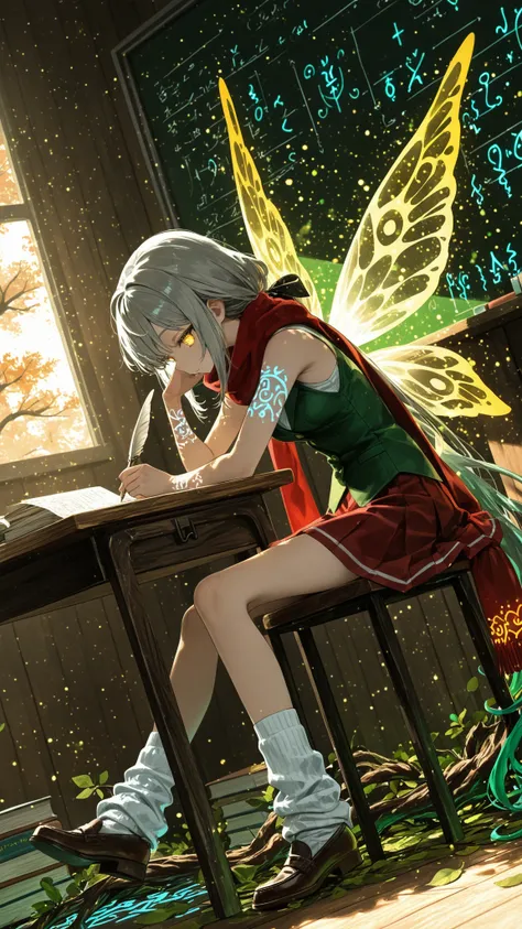 (dutch angle))(masterpiece, best quality),dynamic angle, looking down, ((close up of a girl)), upper body, portrait, ((magic runes, glowing runes, colorful runes)), ((magic runes on arms)), ((sitting on chair, desk, holding quill, writing on test paper)), ((colorful splash effect, swirling colorful particles)), colorful eyes, ((falling leaves)), ((classroom, wooden table, green chalkboard, chalkboard with magic runes, sunbeams, tree roots on floor, wooden walls)), ((tree bark walls, bookshelves, ((Mirco size, enormous tree branch)), ((fairies gathered below)), ((flying fairies)), glowing eyes, long hair, gray hair, low ponytail, light skin, yellow eyes,thin, green sleeveless vest, red skirt, red scarf, loose socks, loafers, white collared shirt,,hand on face, looking down, colorful magic orbs, stack of books, small breasts, sleeveless, translucent wings, fairy wings, golden wings, thin legs, thin thighs, ((light particles, colorful particles)), dynamic illustration, dramatic lighting, 
