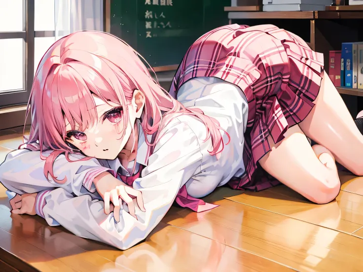Teenage Girls、school uniforms、lie down on the desk、 show your butt。pink hair