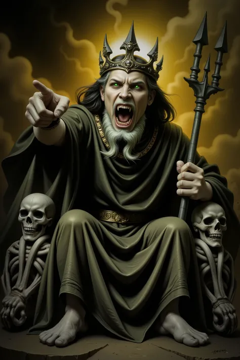 A somber and majestic depiction of Hades, the god of the underworld, seated on a throne made entirely of human skulls. His face is gaunt and skeletal, resembling a skull, with eyes emanating an intense green flame. He has long, straight black hair that fal...