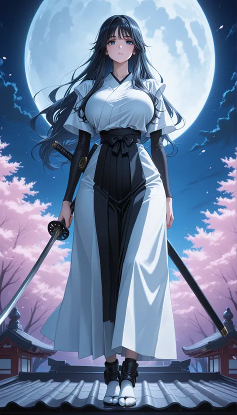 anime screencap,anime coloring, illustration,masterpiece,best quality,very aesthetic,amazing quality,
nsfw,1girl,solo, huge breasts, wide curvy hips,
kaoruko,black hair, long hair,dark blue eyes,black hairband, katana sword in hand, cherry blossoms on bac...