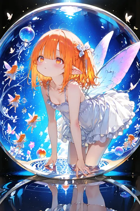 8k、masterpiece、Highest Quality、Highest Level、best quality、must-have、Intricate Details、high resolution、depth of field、natural light、Professional Lighting、((There is a large glass sphere with a diameter of 10 meters in the room.))、( metal piping is connected to the bottom of the glass sphere .)、( There is a magic circle that glows blue on the glass sphere .)、 There is a biotope in the glass sphere 、In the center is a cute fairy child.、A child with 5 heads 、光の粒子がFairyの子供の周りを漂う、A little fairy with a cute face、(4 butterfly-like wings of light arranged symmetrically in the center of the back)、((Fairyの羽は体と同じくらい大きい))、(cute:1.2)、((Very Small Breasts))、Photorealistic Anime Girl Rendering、realistic anime 3D style、beautiful bright orange hair、dark orange eyes、Strong Eye Highlight、CROSS BANG、asymmetrical bangs、protruding ears、Lashes、 frill dress、((the entire round shape of the glass sphere is shown on the camera&#39;Finder.))、((ガラスの球のIn the center is a cute fairy .、Dance Dance))、((Fairy&#39; the whole body is reflected on the camera from head to toe .))、
