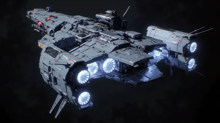 [[Anime Scene]] Masterpiece, ultra-detailed, 90s anime style, dark retro atmosphere. A retro-futuristic cyberpunk spaceship. Defined and perfect lines, 90s anime-style spaceship design, spaceship drawn in anime style. The color palette is cel-shaded, three...