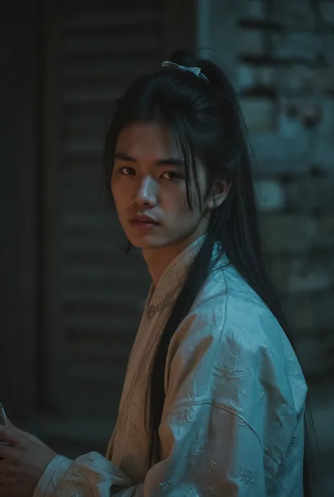 amateur photo, low-lit, overexposure, Low-resolution photo, shot on a mobile phone, nighttime, noticeable noise in dark areas.
 A young Northern Chinese man , young Prince, 33ñ years old, Imperial China era,Ye Lingxu is a man shaped by mist and moonlight —...