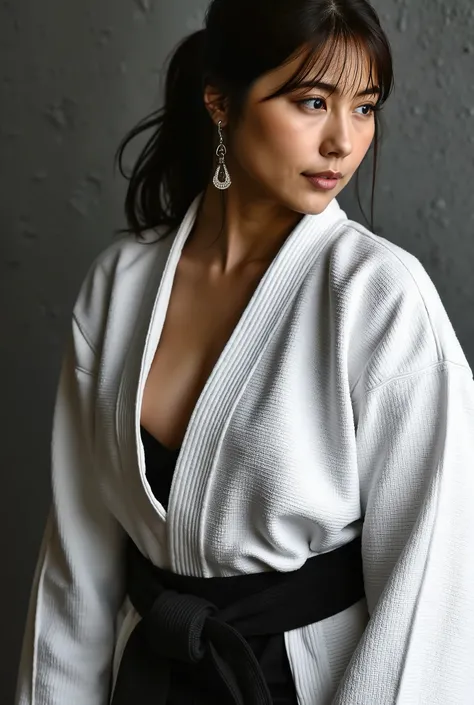 Female judoka、Inside the dojo、My uniform is taken off by my bald fat old man、The uniform is open、nipples visible、closes his eyes、yield, he force your front uniform opend to show off tits,