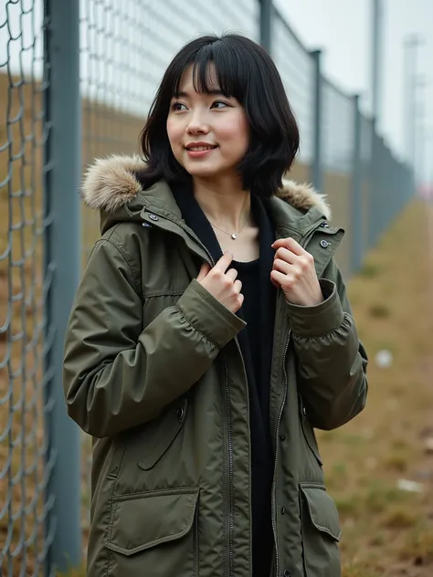 Ultra-realistic outdoor portrait of a young East Asian woman with short black hair and soft bangs, standing in front of a metallic wire fence with an industrial and rural background. She wears an oversized army-green parka jacket with a fur-lined hood, sli...