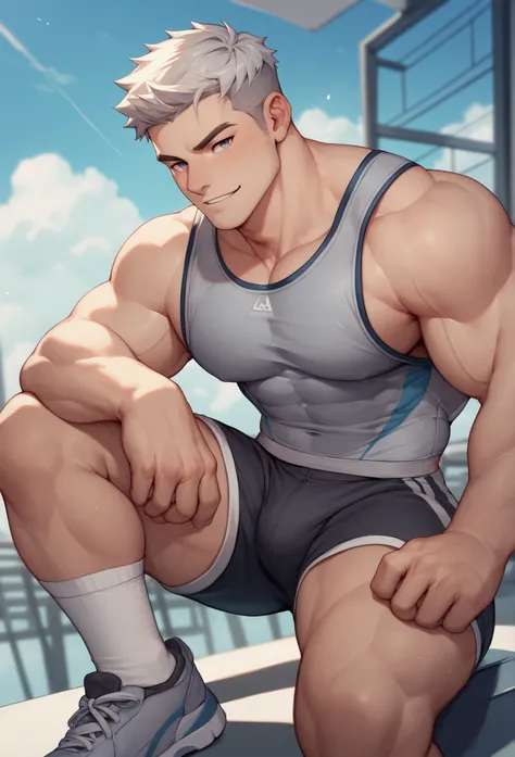 A muscular man in gray tight sportswear and high white socks sticks out a big dick