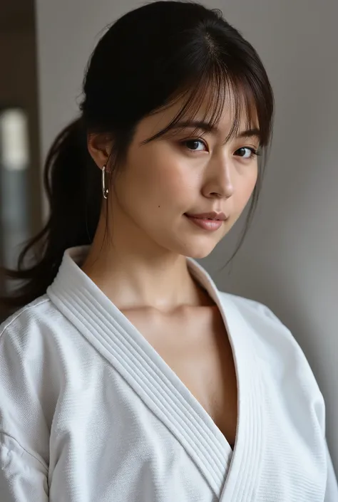 Upper body, Female judoka、Inside the dojo、My uniform is taken off by my bald fat old man、The uniform is open、nipples visible、closes his eyes、yield, he force your front uniform opend to show off tits, he holds your uniform edges by each hand to open your fr...