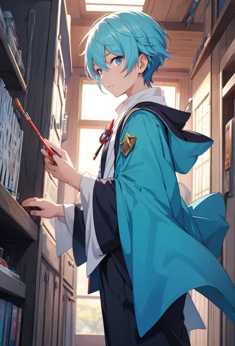 a single character student at a magic academy, air element handler, turquoise hair with white tuft, light-eyed, anime style, wizard uniform purple