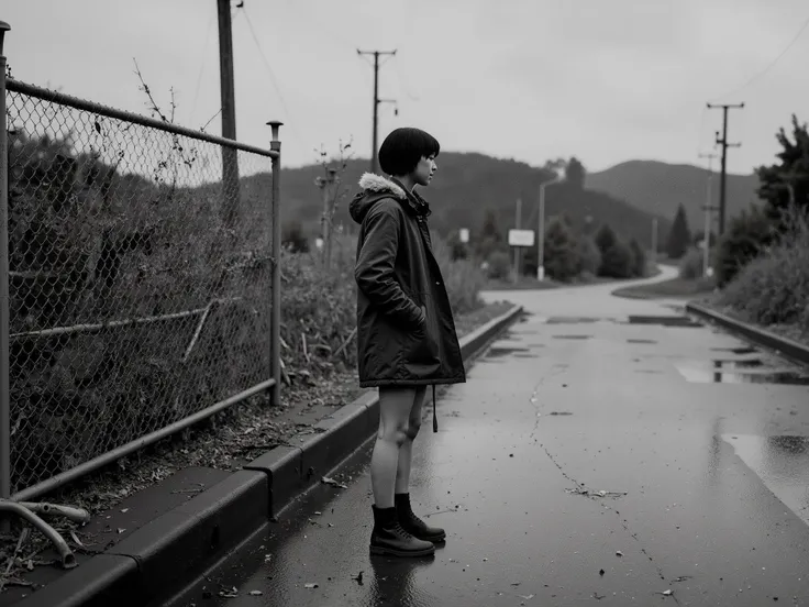 Ultra-realistic noir-style portrait of a young East Asian woman with short black hair and straight bangs, standing quietly in front of a metallic chain-link fence under a light drizzle. She wears an oversized army-green parka jacket with a fur-lined hood, ...