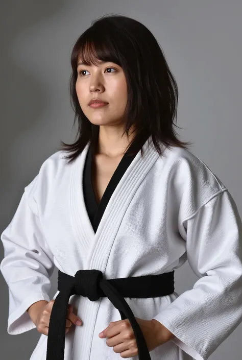 Upper body, Female judoka、Inside the dojo、My uniform is taken off by my bald fat old man、The uniform is open、nipples visible、closes his eyes、yield, he force your front uniform opend to show off tits, he holds your uniform edges by each hand to open your fr...