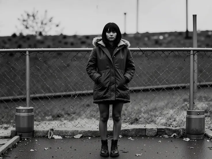 Ultra-realistic noir-style portrait of a young East Asian woman with short black hair and straight bangs, standing quietly in front of a metallic chain-link fence under a light drizzle. She wears an oversized army-green parka jacket with a fur-lined hood, ...