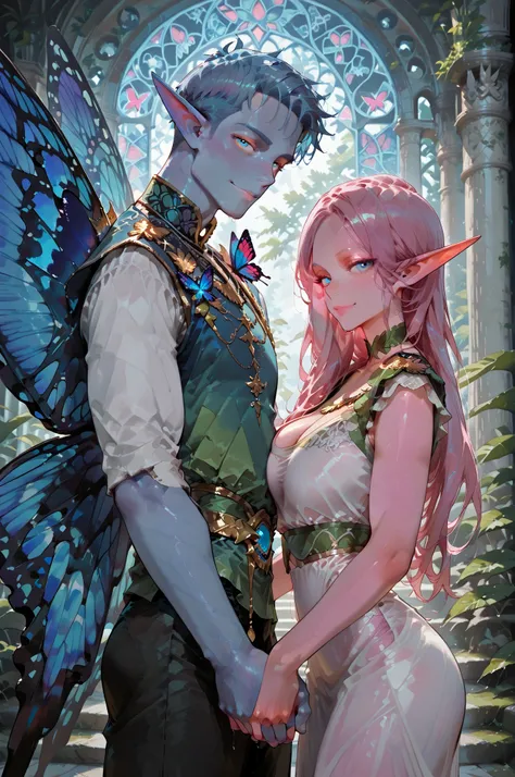 masterpiece, best quality, amazing quality, very aesthetic, high resolution, newest, hyper-detailed, (long shot), couple holding hands ((fairys)),gentle smile; mature man blue hair, short hair, short bang hair, ((butterfly wings)), ((Elf ears)) blue skin,...