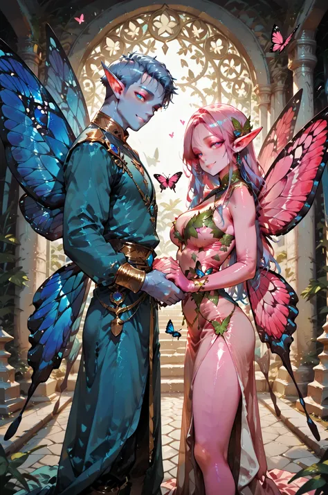 masterpiece, best quality, amazing quality, very aesthetic, high resolution, newest, hyper-detailed, (long shot), couple holding hands ((fairys)),gentle smile; mature man blue hair, short hair, short bang hair, ((butterfly wings)), ((Elf ears)) blue skin,...