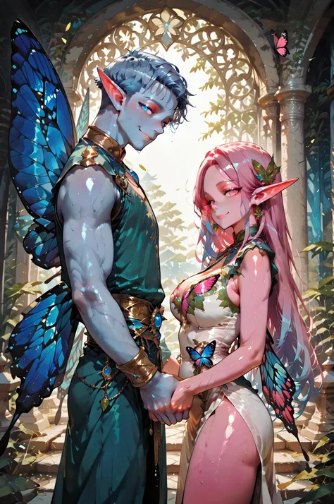 masterpiece, best quality, amazing quality, very aesthetic, high resolution, newest, hyper-detailed, (long shot), couple holding hands ((fairys)),gentle smile; mature man blue hair, short hair, short bang hair, ((butterfly wings)), ((Elf ears)) blue skin,...