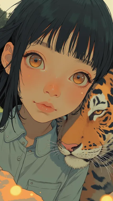 real、Super zoom on the face、Super zoom up on the faces of a Japanese girl with short bob hair and a tiger hugging cheek to cheek,Shot with a Wide Angle Lens、超close-up、Smile, viewers、light brown hair、tanned dark skin、big eyes and flowing, smooth hair, dark ...
