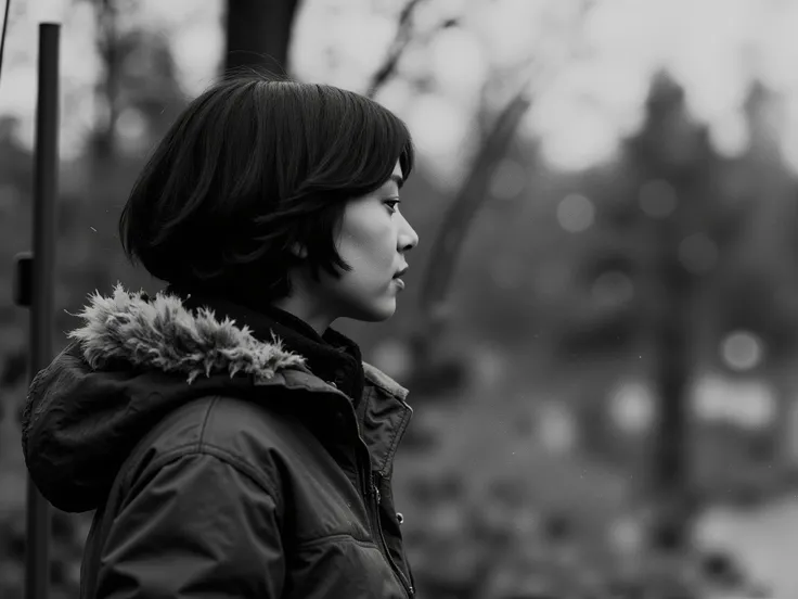 Ultra-realistic noir-style close-up of a young East Asian woman with short black hair and soft bangs, captured under soft rainfall. Her face is partially framed by the fur-lined hood of an oversized army-green parka, slightly damp from the rain. She gazes ...
