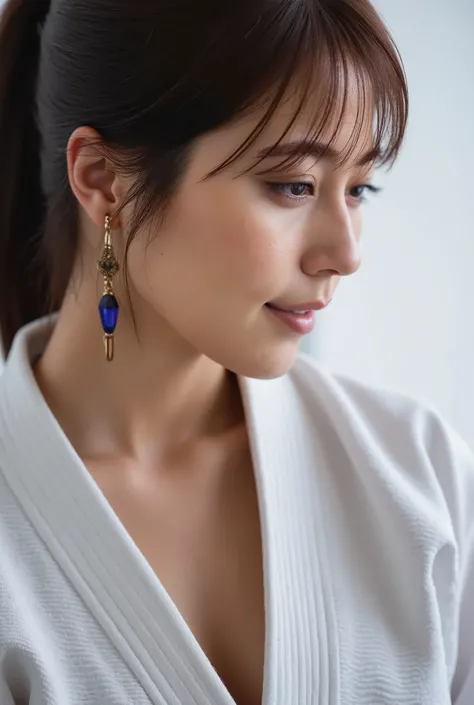 Upper body, Female judoka、Inside the dojo、My uniform is taken off by my bald fat old man、The uniform is opened 、nipples visible、closes his eyes、yield, he force your front uniform open to show off tits, he holds your uniform edges by each hand to open your ...