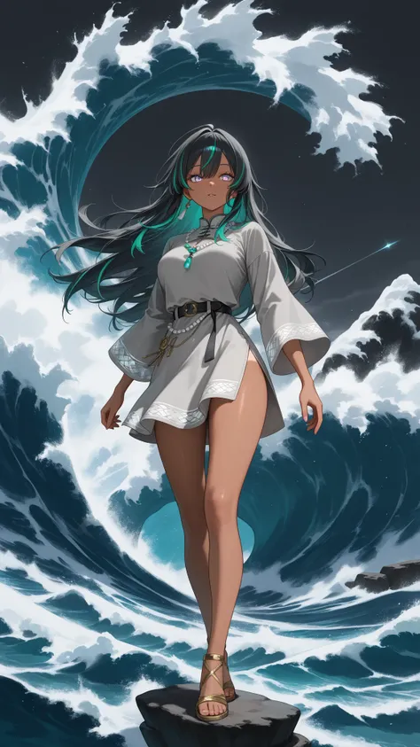 Middle-distance! A young guy with skin deeply tanned skin, in a silver-grey tunic with cutouts on the sides and moonstone accents, stands on the edge of a cliff above the stormy ocean. Silver-colored eyes shine with bright highlights, very very long jet bl...