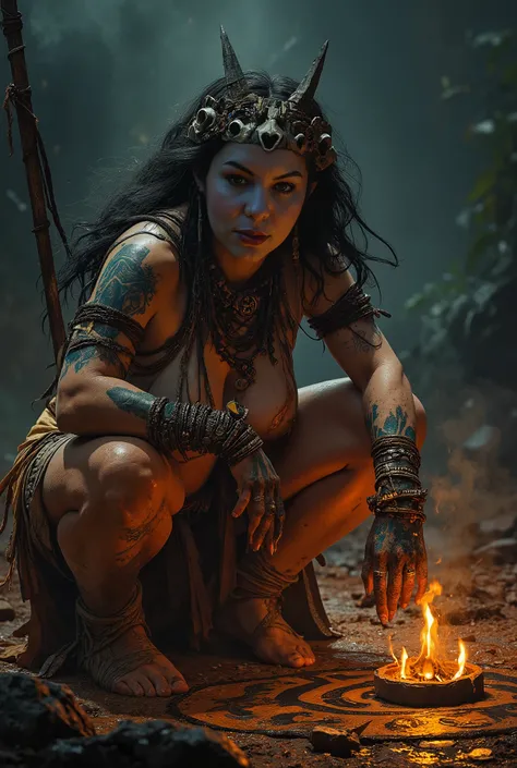 dazzling wild woman with curvy voluptuous body, plump breasts highlighted by the primitive torn top, tribal body painting in mystical blue and white patterns stained and faded by mud and sweat, glowing orange eyes emanating flamboyant energy, minimal and s...