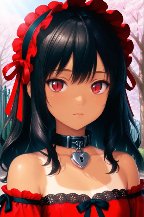 masterpiece, best quality, chest-up portrait, 1 small girl, petite, tiny chest, Latina, long wavy black hair, dark crimson eyes with slit pupils, soft tan skin, slight bored expression, red open-shoulder lolita dress with modest neckline, intricate black l...