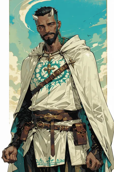 Solo; 1 man, mature man, half_aged man, African skin, small horns , grenn scales on hands and neck, wears a cloak that drapes over a rugged tunic, giving off a medieval or fantasy vibe, straps and belts wrap around the waist, securing a pouch at their side...