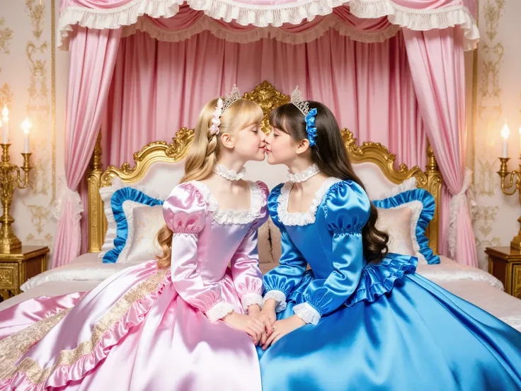 Two Princesses sky blue Silk Satin Victorian Ball Gown Dress. ((Ten years old)),((european little girls:1.2)),((kissing,face to face)),cute face, Cute smile, short body height,long sleeves,puff sleeves,frilled sleeves,(((Frilled yoke collar that completely...