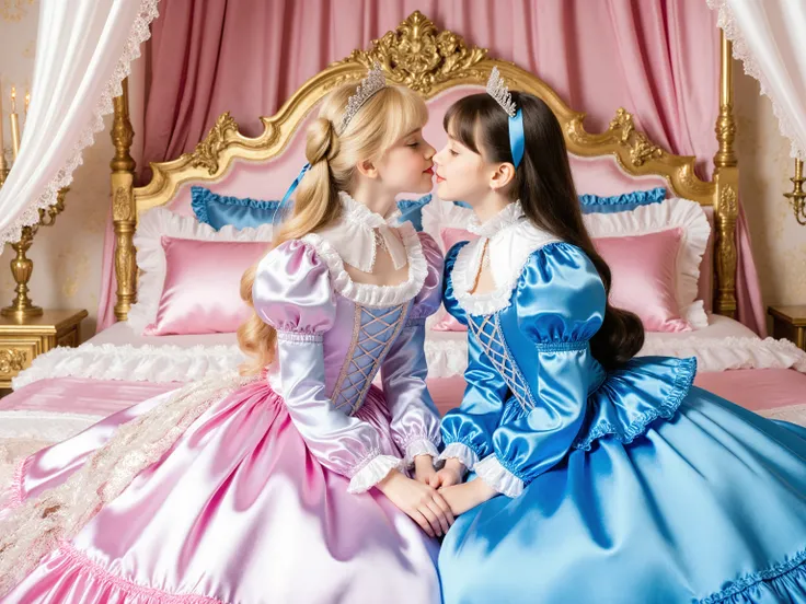 斜めからのアングル,Two Princesses sky blue Silk Satin Victorian Ball Gown Dress. ((Ten years old)),((european little girls:1.2)),((kissing,face to face)),cute face, Cute smile, short body height,long sleeves,puff sleeves,frilled sleeves,(((Frilled yoke collar that ...