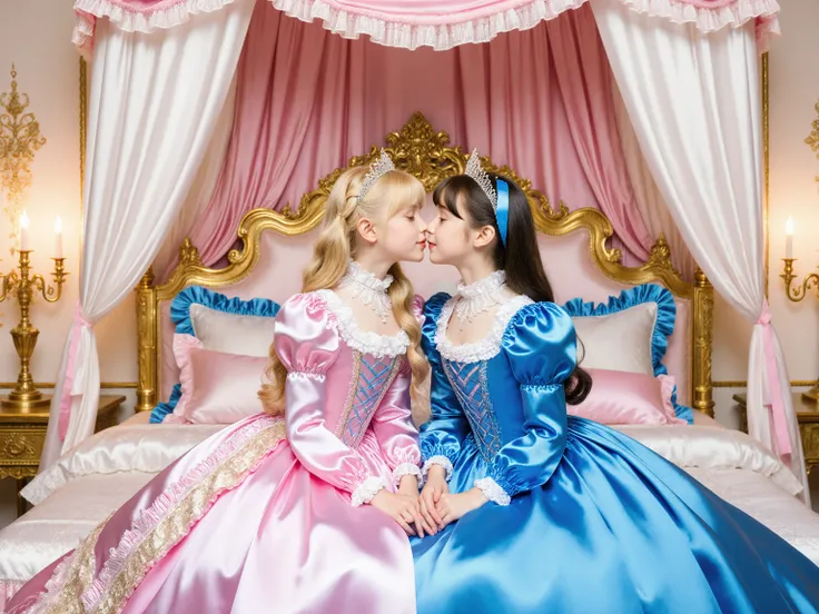 斜めからのアングル,Two Princesses sky blue Silk Satin Victorian Ball Gown Dress. ((Ten years old)),((european little girls:1.2)),((kissing,face to face)),cute face, Cute smile, short body height,long sleeves,puff sleeves,frilled sleeves,(((Frilled yoke collar that ...