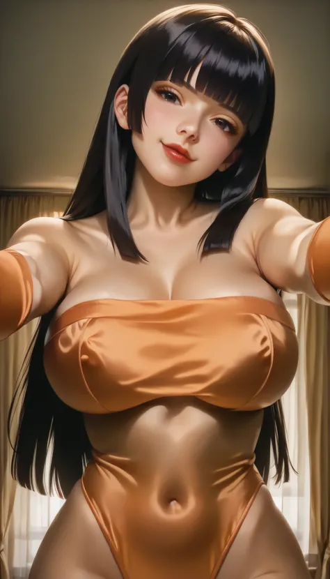 high resolution,32K,masterpiece,Highest Quality,ultra detailed face,(Dusky Bedroom:1.4), one beautiful Japanese woman ,(black eyes:1.4), (large breast:1.4),(beautiful face,small face:1.3),dark haired,(long hair,hime cut,asymmetrical bangs),(seductive smile...