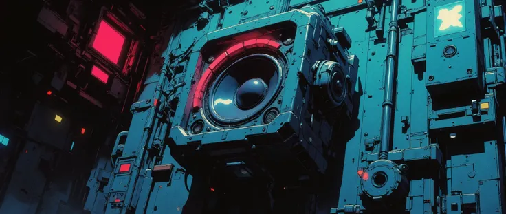 [[Anime Scene]] Masterpiece, ultra-detailed, 90s anime style, anime setting background, dark retro atmosphere. Interior of a retro-futuristic cyberpunk spaceship. The scene closes in on the upper corner of the wall where there is a small retro-style speake...