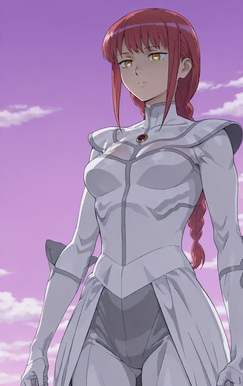 alta calidad, 1woman, makima ((makima)), caderas grandes, vestido White Viltrumite Suit , She is upset, looks disapprovingly