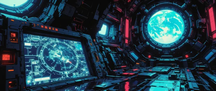[[Anime Scene]] Masterpiece, ultra-detailed, 90s anime style, anime setting, dark retro atmosphere. Interior of a retro-futuristic cyberpunk spaceship. The scene closes on the GPS monitor of a ship's control panel, red numbers on the screen. Defined and pe...