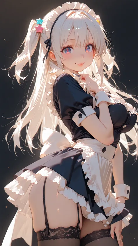 masterpiece,Super Detailed,beautiful face,two side up,Thick Lips,staring at the viewer,smile,Straight Hair,white hair,maid headband,see-through maid clothes,big eyes:1.4,open eyes,Blush,From the side,random pose,Attractive Thighs,garter stockings,black bac...