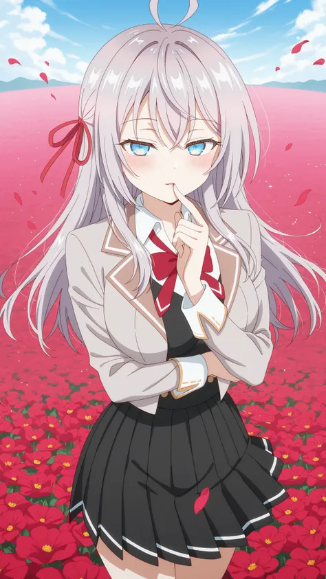 BREAK (masterpiece:1.2), best quality, high resolution, unity 8k wallpaper, (illustration:0.8), (beautiful detailed eyes:1.6),Twisting clouds forming a cyclone  
above an open red flower field,  
flowers bending sharply under wind pressure,  
air filled wi...